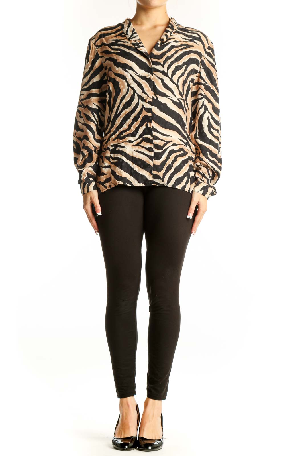 Front view of Jacqueline Ferrar tan and black zebra print silk blouse