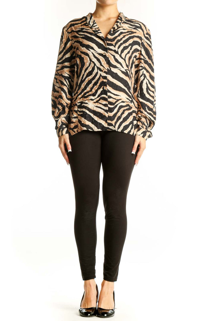 Front view of Jacqueline Ferrar tan and black zebra print silk blouse