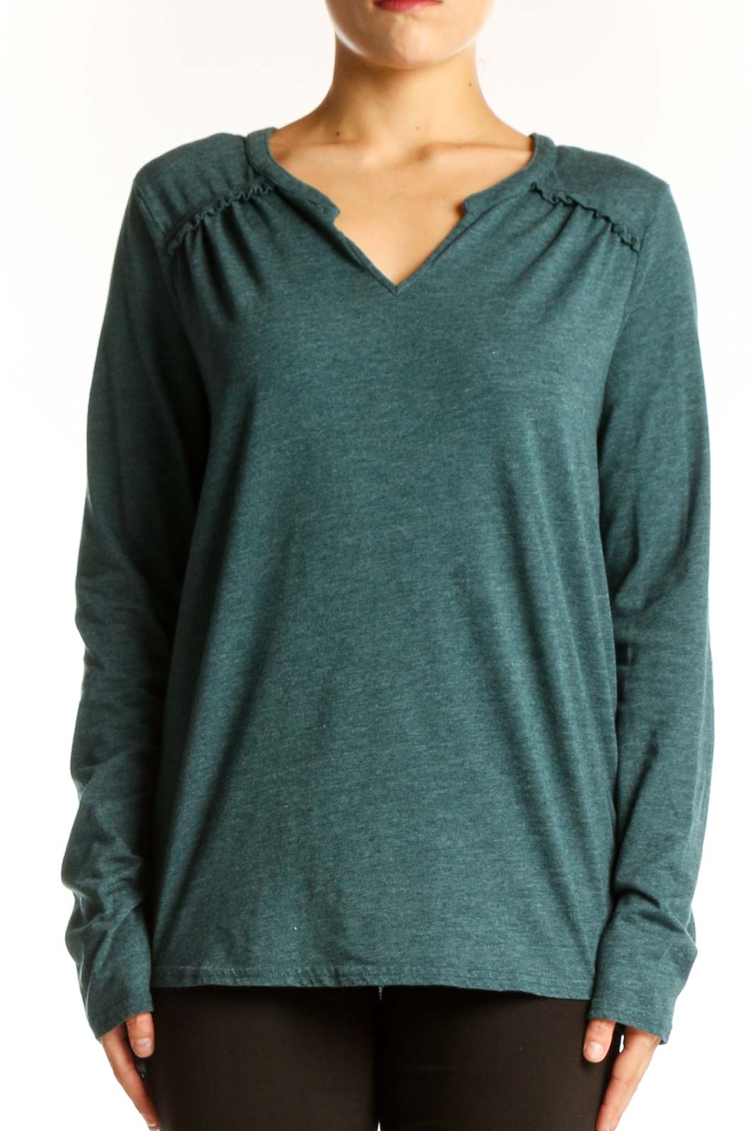Front view of teal prAna V-neck long sleeve top with gathered details
