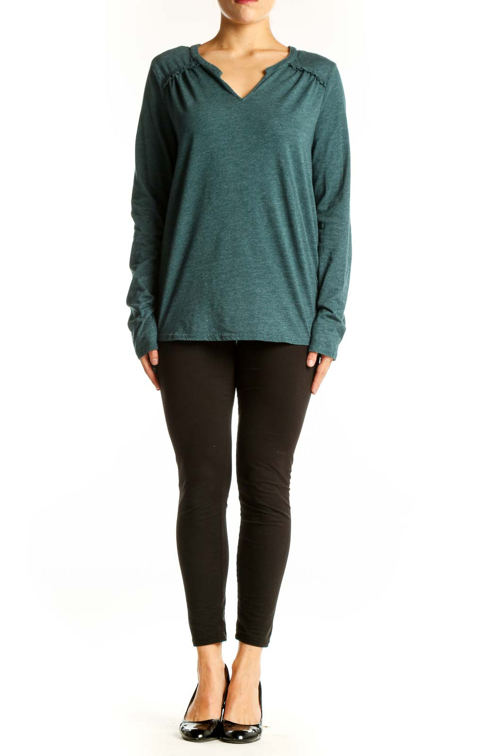 Front view of teal prAna V-neck long sleeve top with gathered details