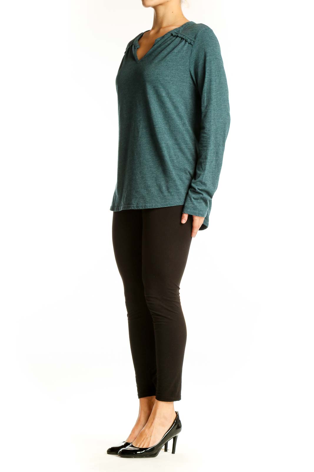 Front view of teal prAna V-neck long sleeve top with gathered details