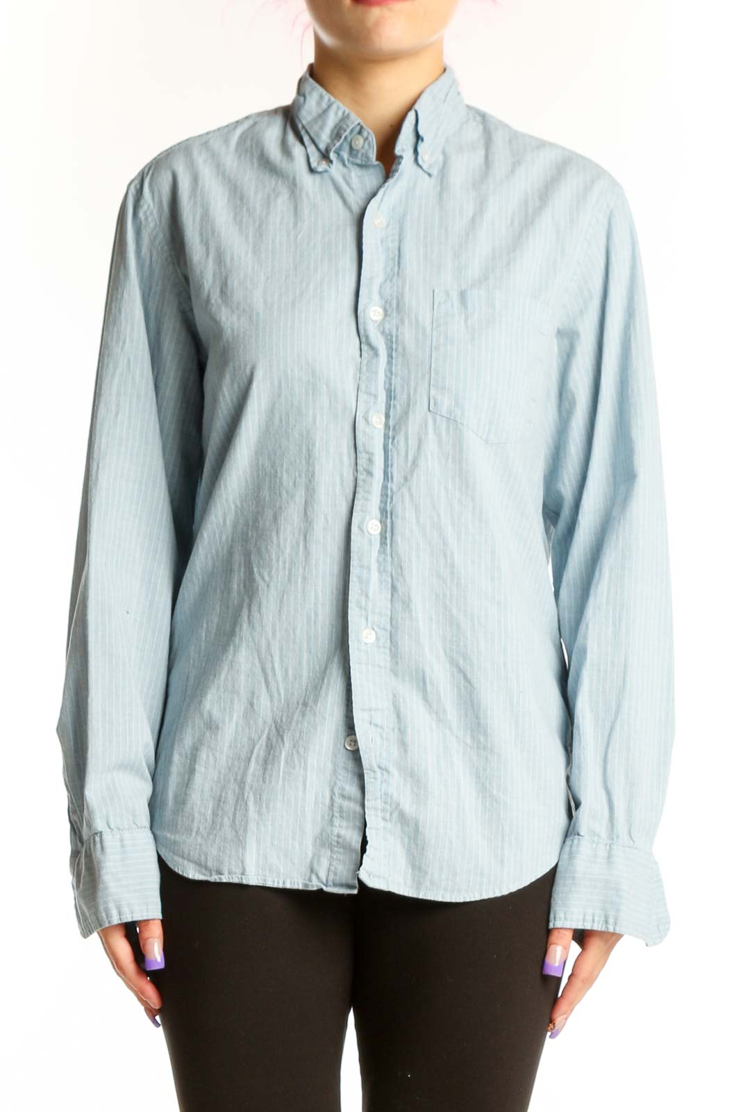 Front view of blue striped J.Crew button-down shirt with long sleeves and chest pocket
