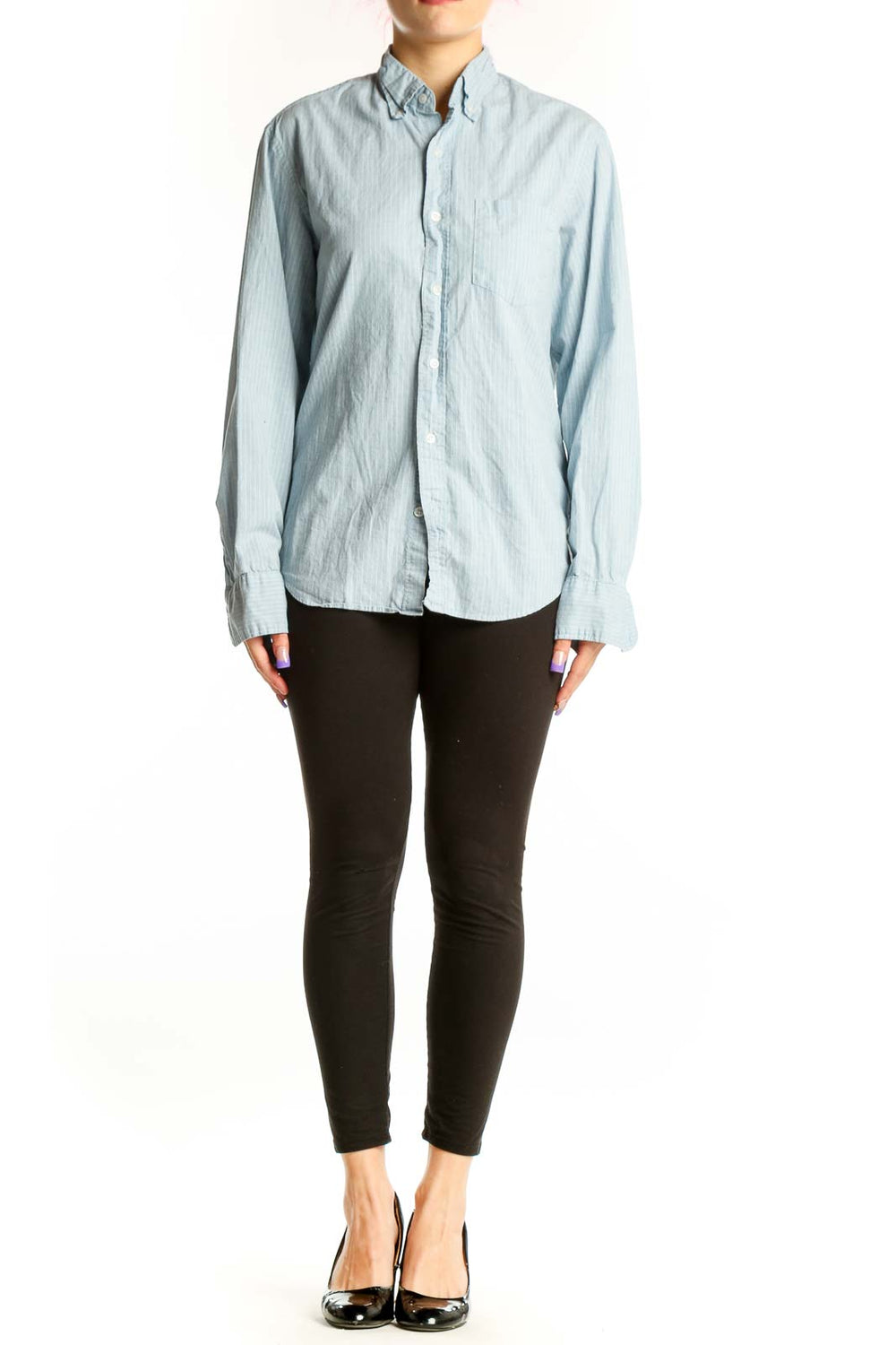 Front view of blue striped J.Crew button-down shirt with long sleeves and chest pocket