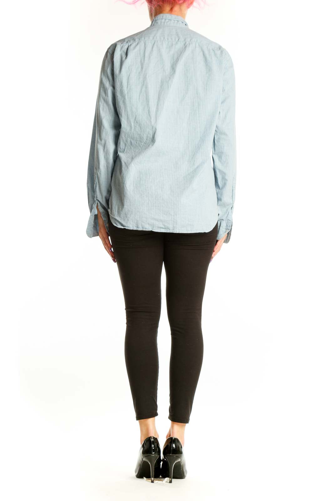 Back view of blue striped J.Crew button-down shirt showing relaxed fit and vertical stripe pattern