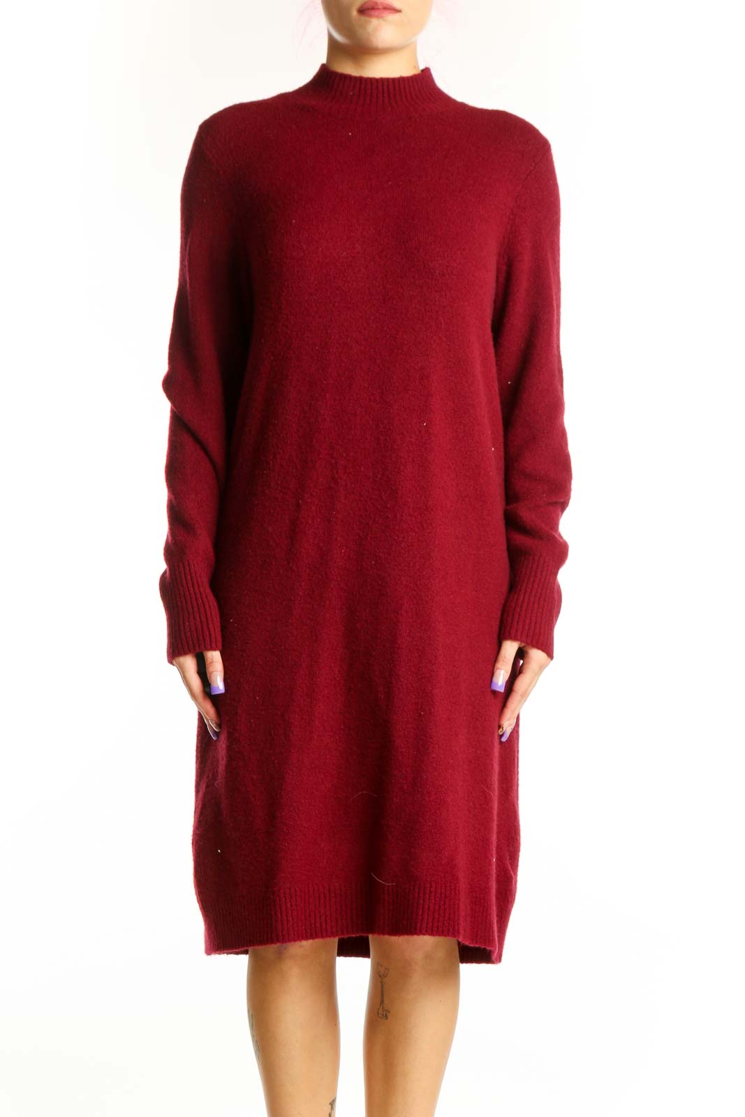 Front view of burgundy wool blend knit sweater dress with mock neck and long sleeves