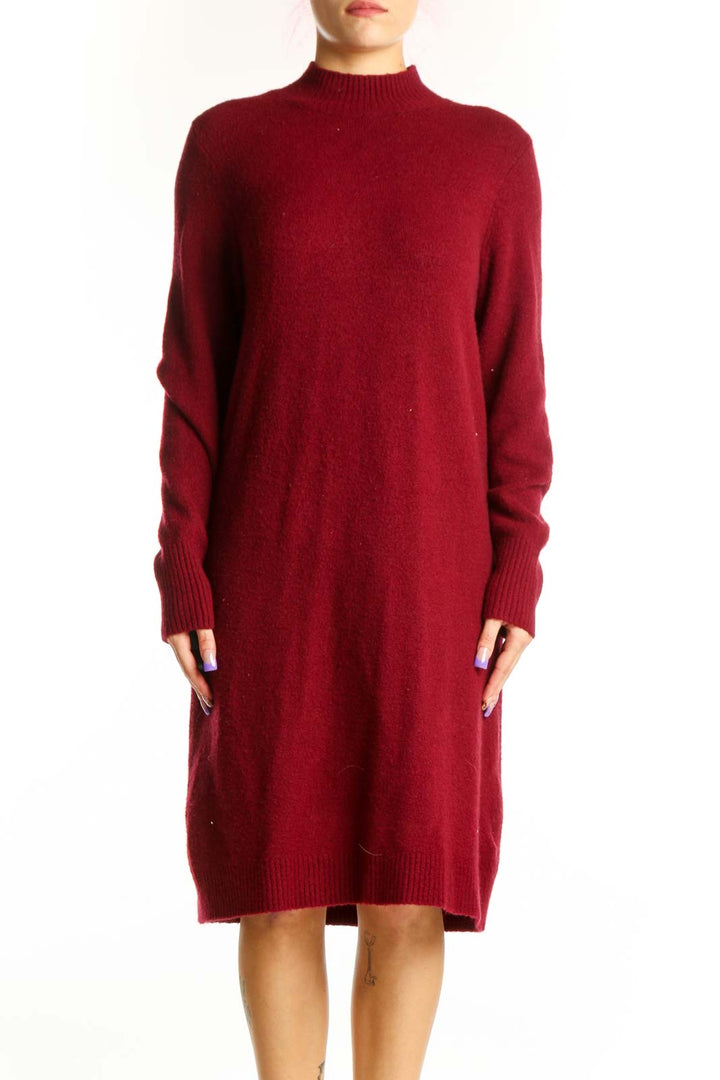 Front view of burgundy wool blend knit sweater dress with mock neck and long sleeves