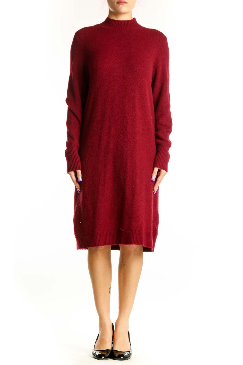 Front view of burgundy wool blend knit sweater dress with mock neck and long sleeves