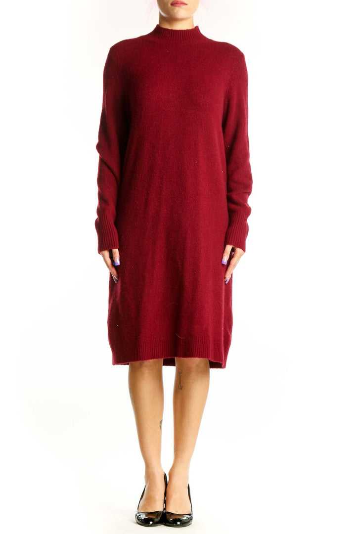 Front view of burgundy wool blend knit sweater dress with mock neck and long sleeves