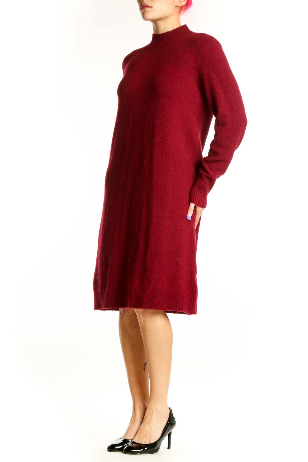 Front view of burgundy wool blend knit sweater dress with mock neck and long sleeves