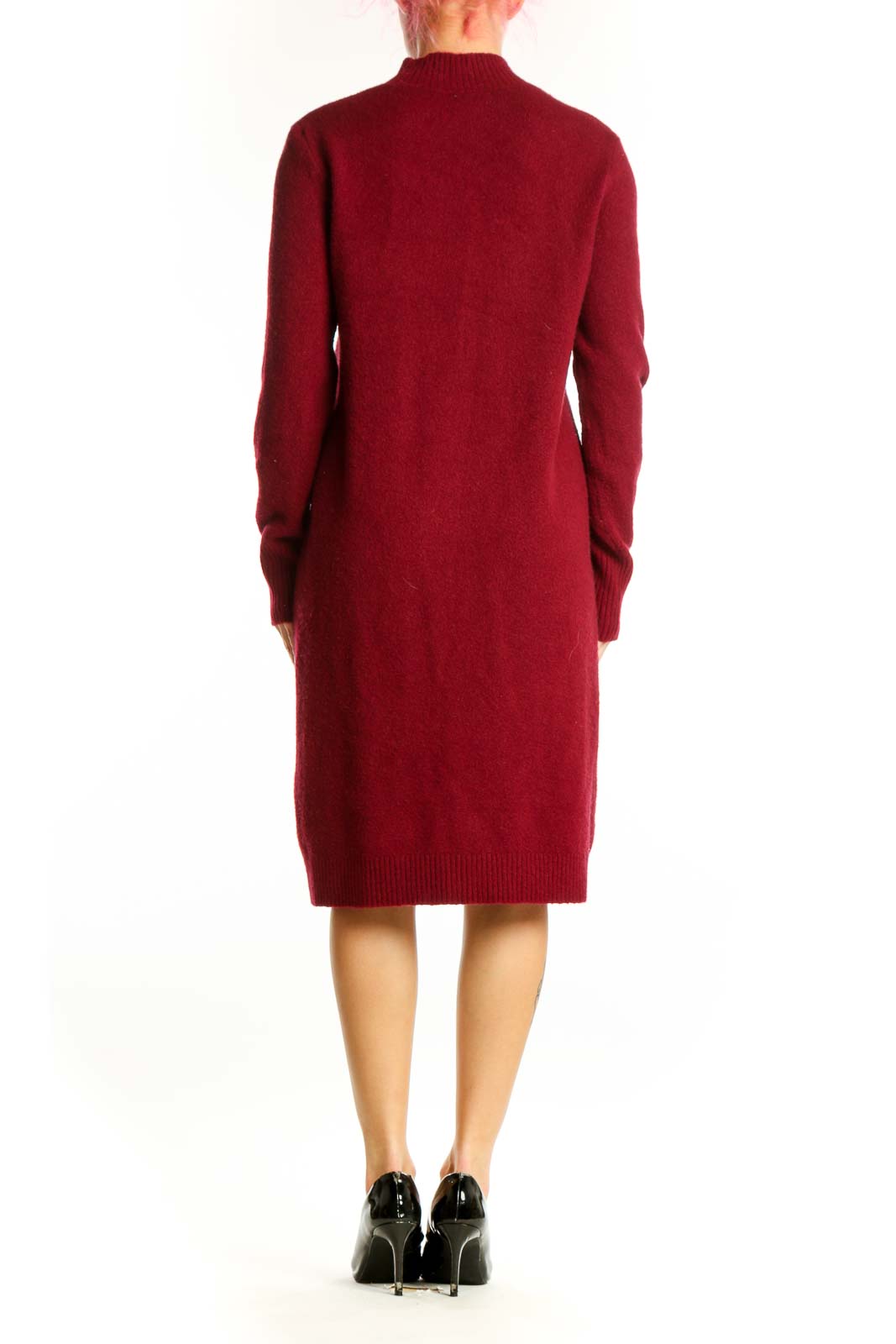 Back view of burgundy wool blend knit sweater dress showing relaxed fit and midi length