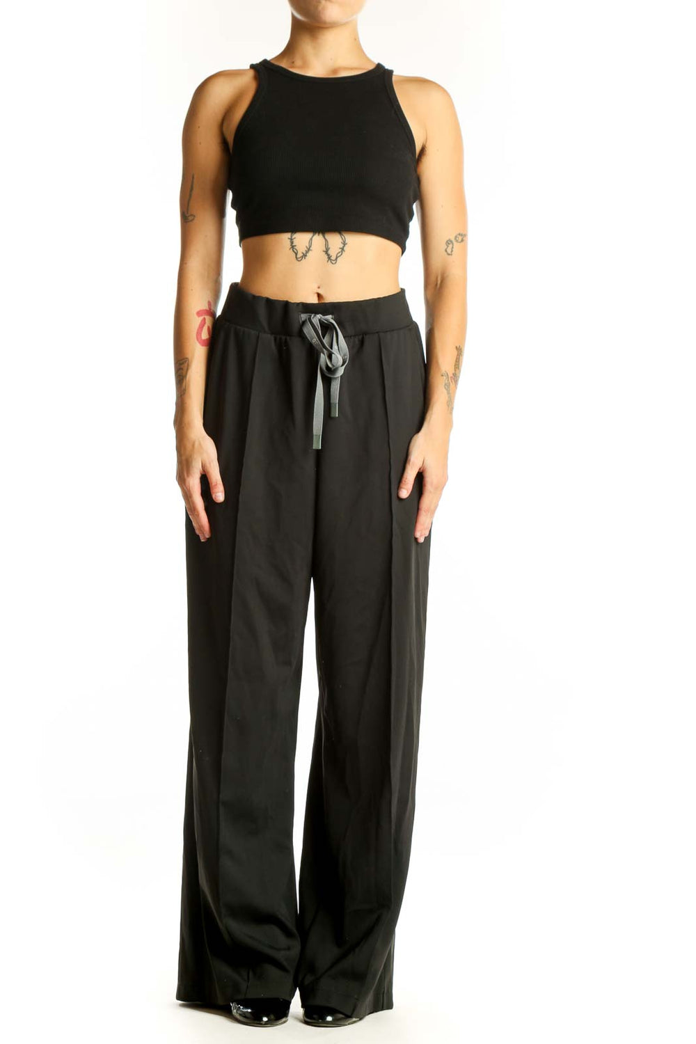 Front view of black wide-leg pants with drawstring waist