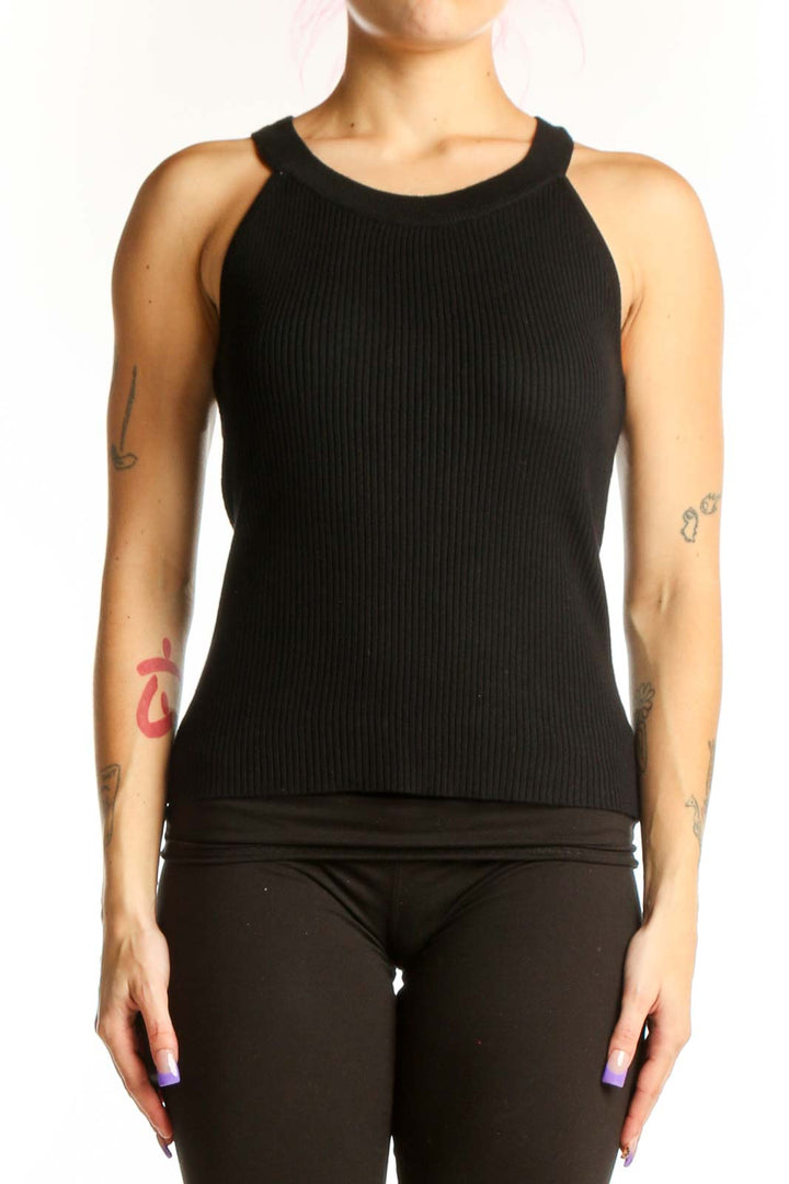 Black ribbed sleeveless tank top with crew neckline, front view on model
