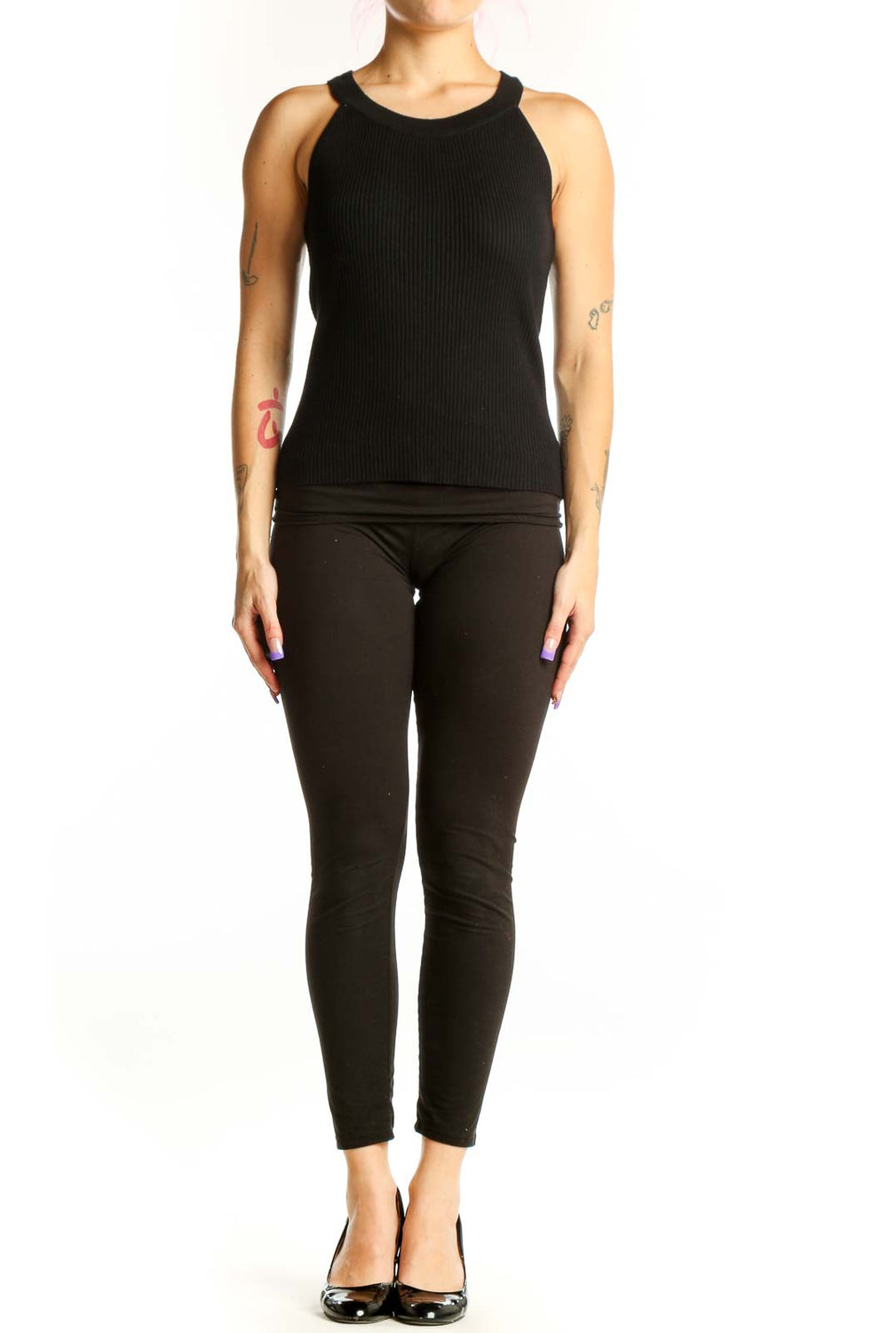 Black ribbed sleeveless tank top with crew neckline, front view on model