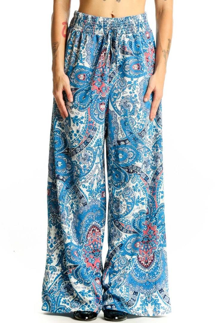 Front view of SilkRoll blue paisley wide-leg palazzo pants