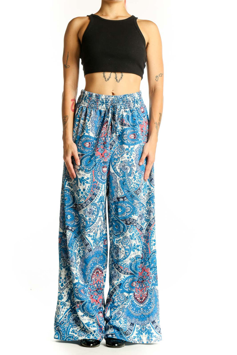Front view of SilkRoll blue paisley wide-leg palazzo pants