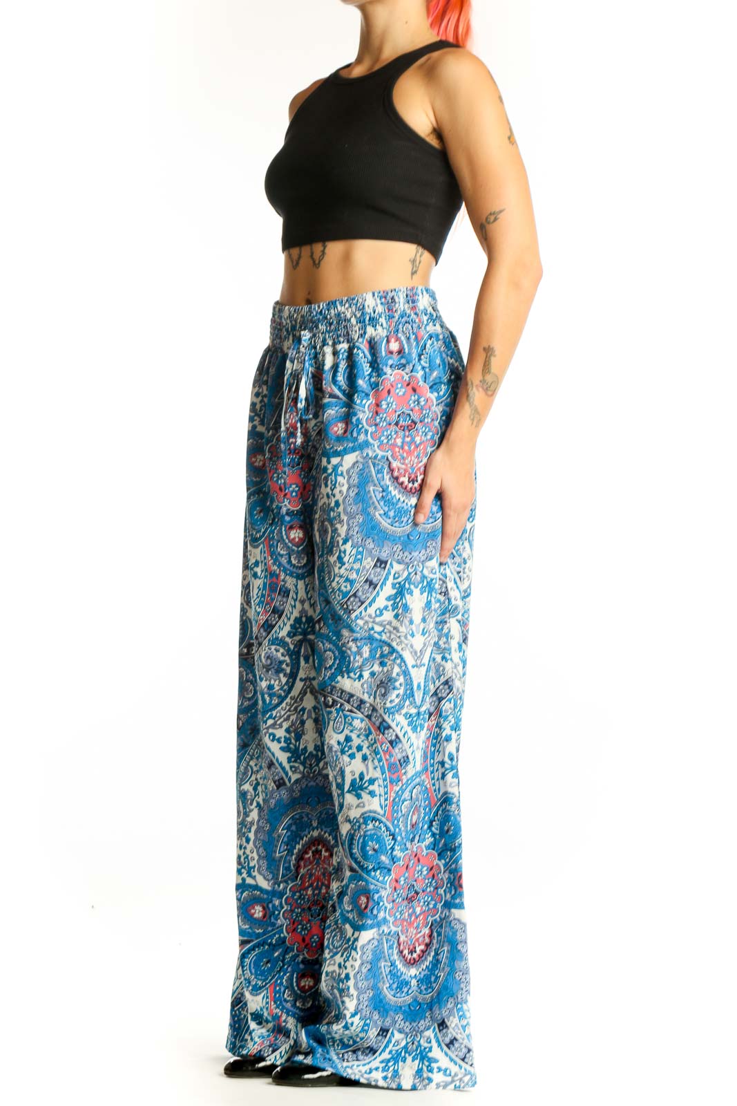 Front view of SilkRoll blue paisley wide-leg palazzo pants