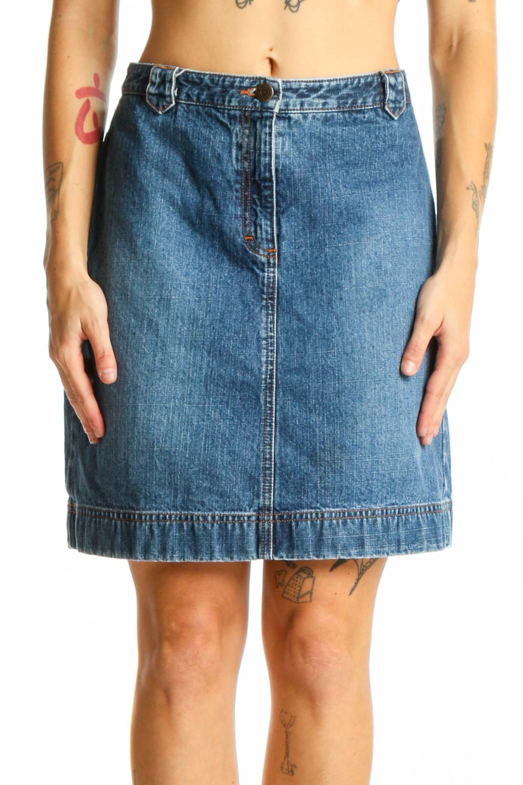 Front view of Ann Taylor LOFT blue denim A-line skirt