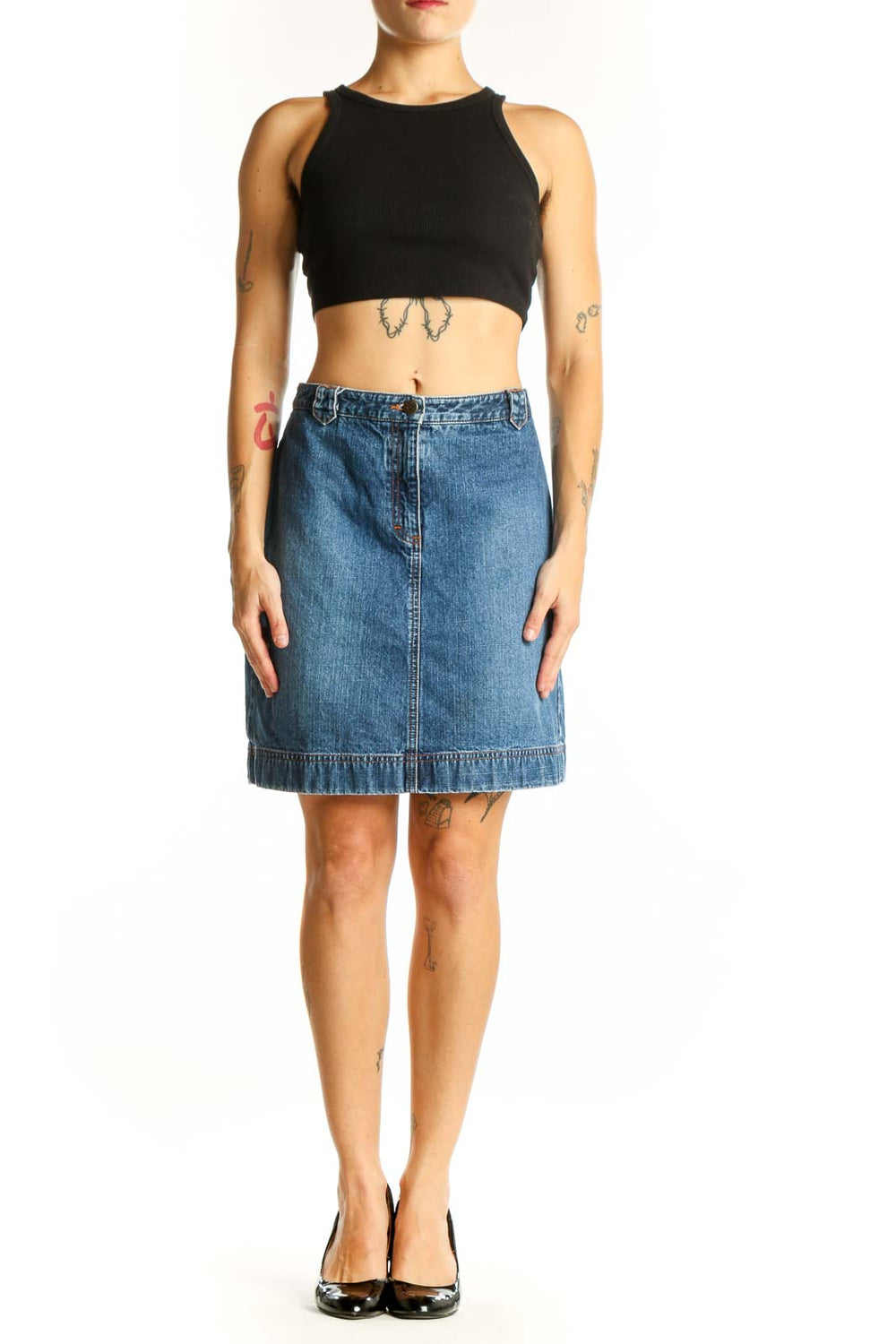 Front view of Ann Taylor LOFT blue denim A-line skirt
