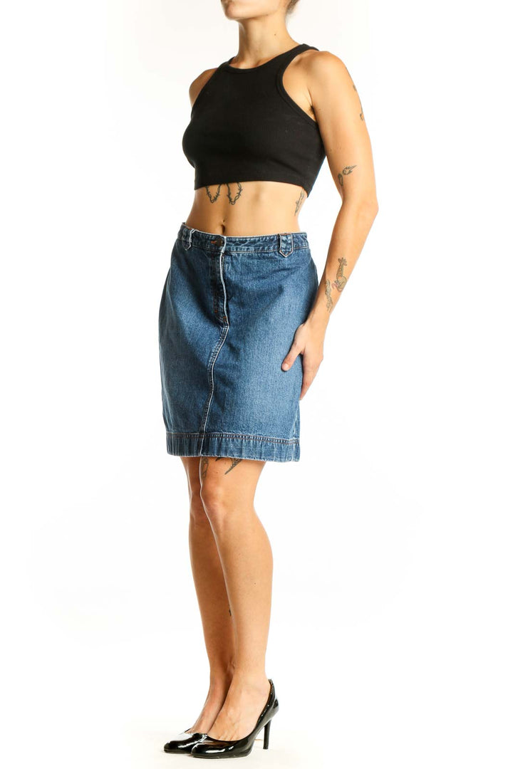Front view of Ann Taylor LOFT blue denim A-line skirt