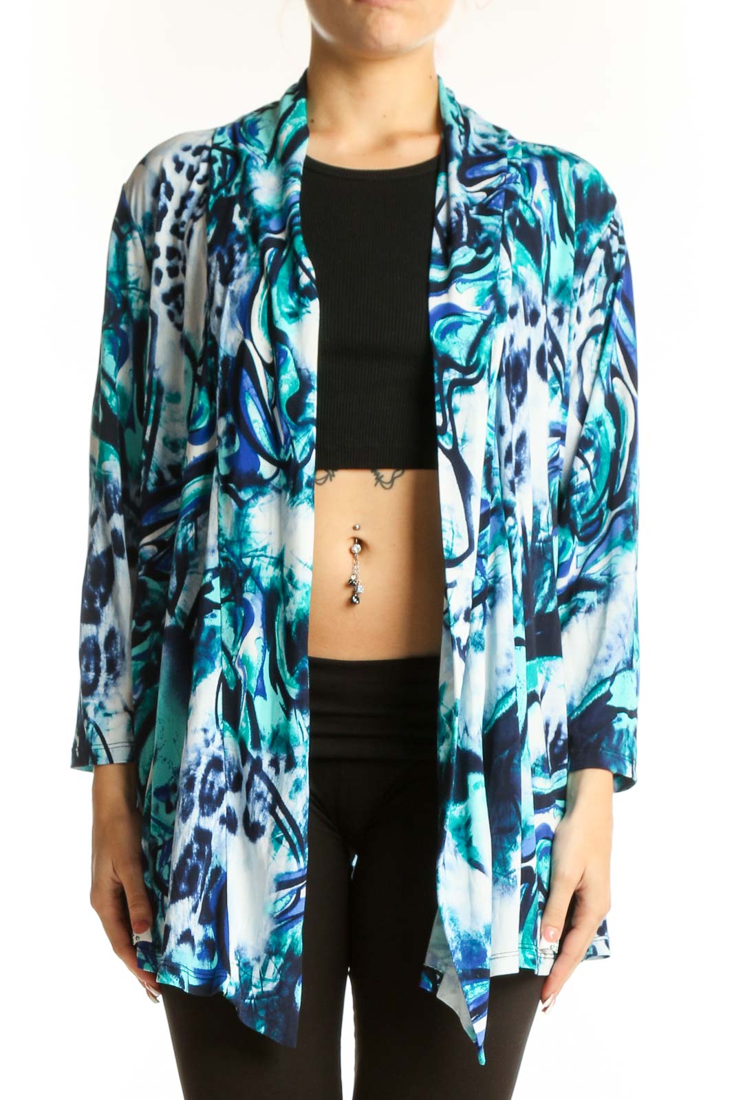 Front view of Peter Nygard Blue and Teal Abstract Print Cardigan