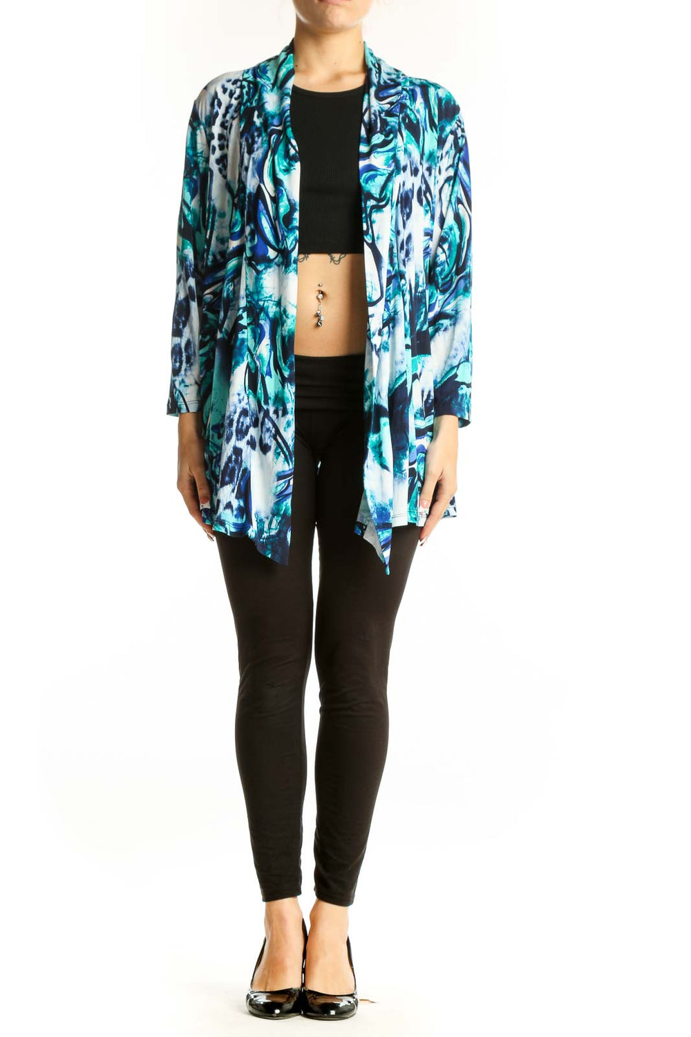 Front view of Peter Nygard Blue and Teal Abstract Print Cardigan