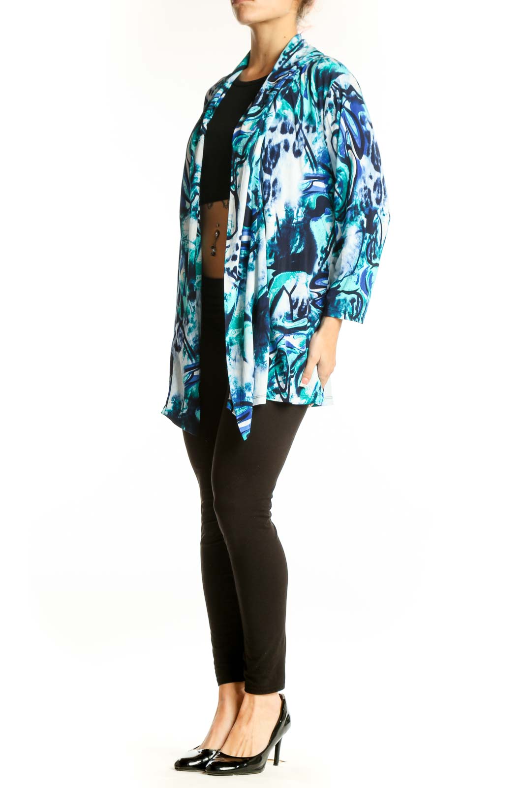 Front view of Peter Nygard Blue and Teal Abstract Print Cardigan