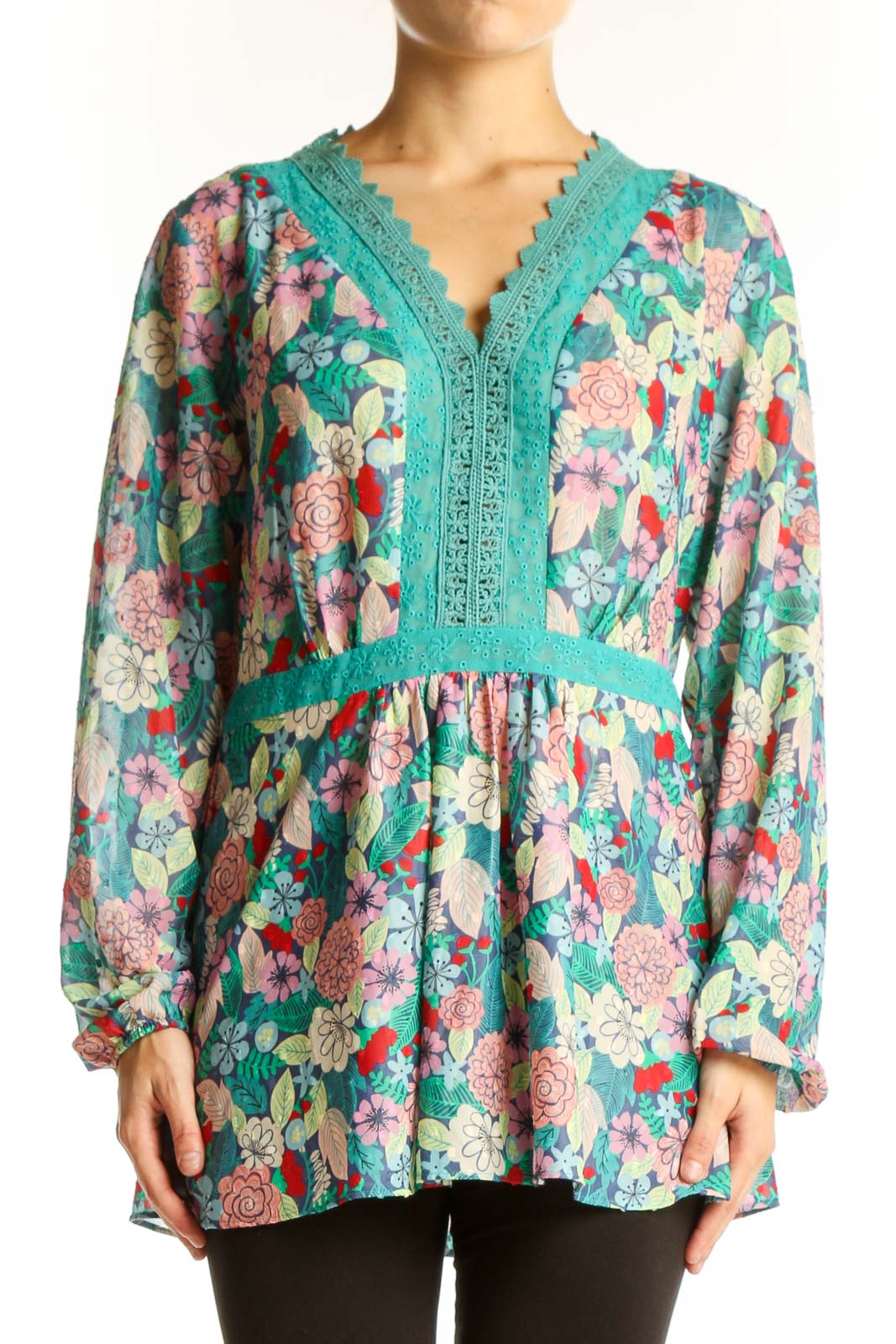 Front view of Matilda Jane teal floral tunic top with lace trim and V-neckline