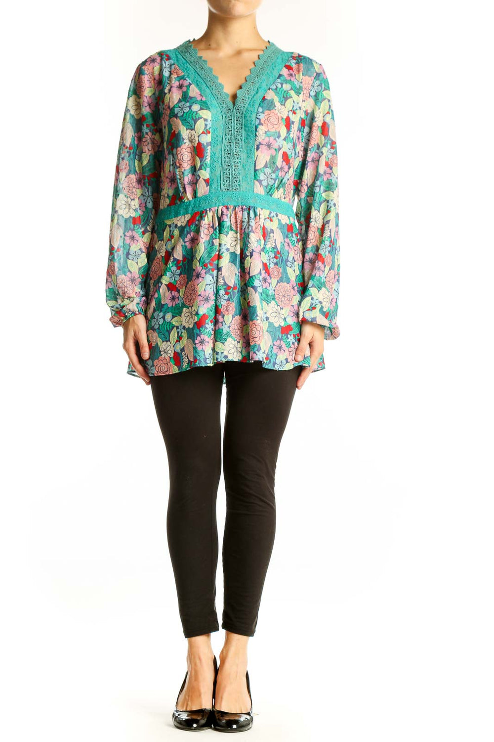 Front view of Matilda Jane teal floral tunic top with lace trim and V-neckline