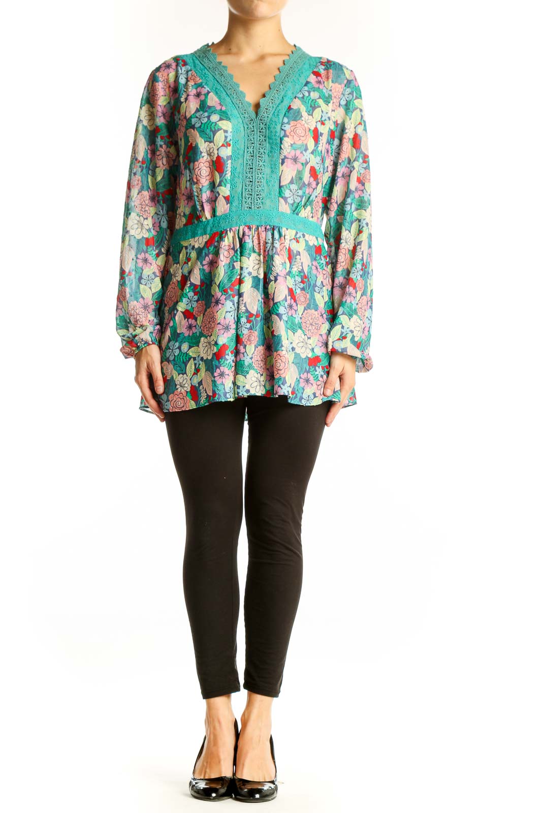 Front view of Matilda Jane teal floral tunic top with lace trim and V-neckline