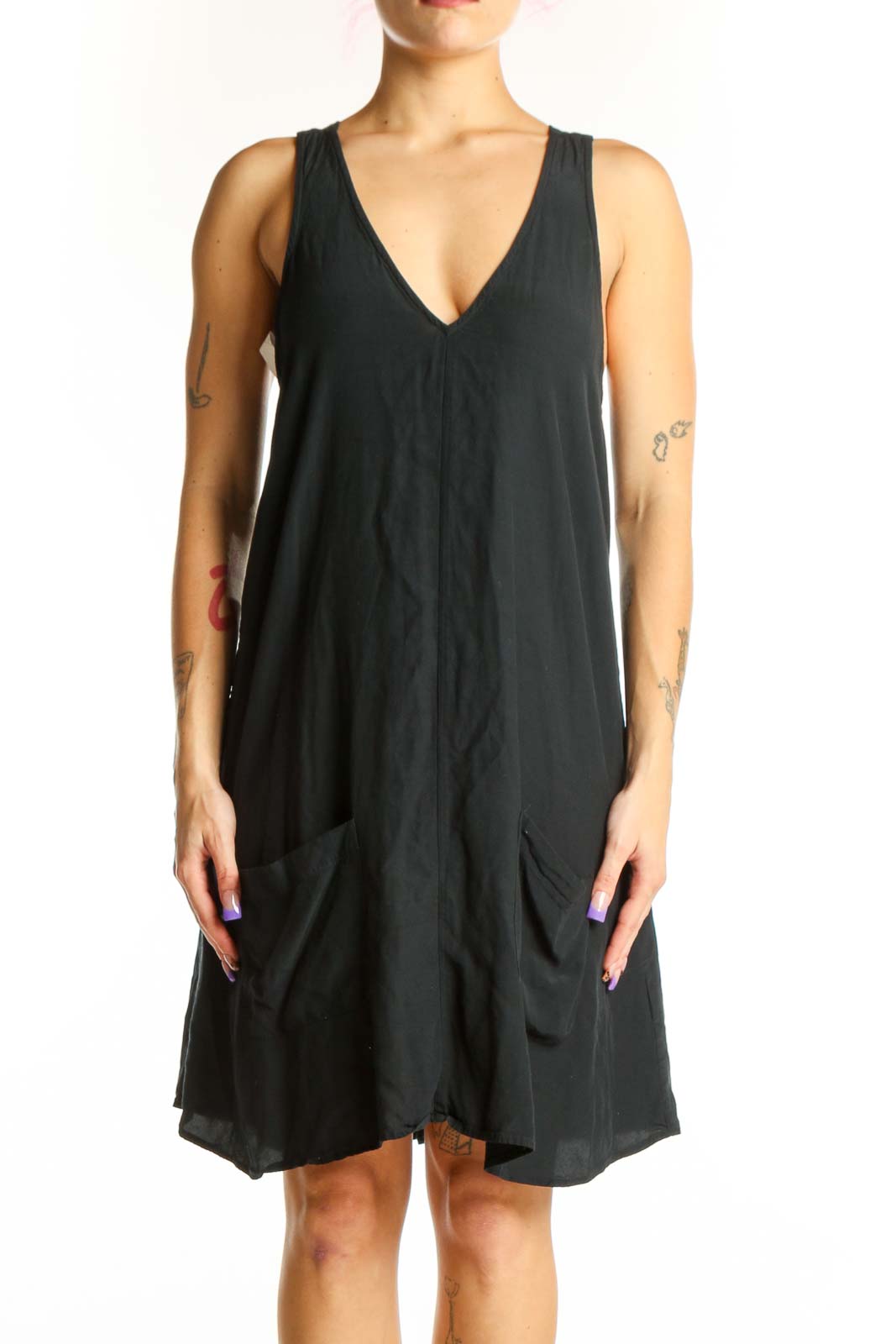 Black V-neck sleeveless dress with asymmetrical hemline and ruched details, front view