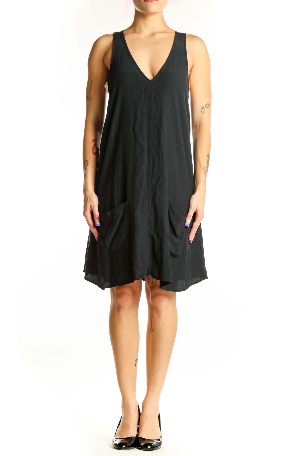 Black V-neck sleeveless dress with asymmetrical hemline and ruched details, front view