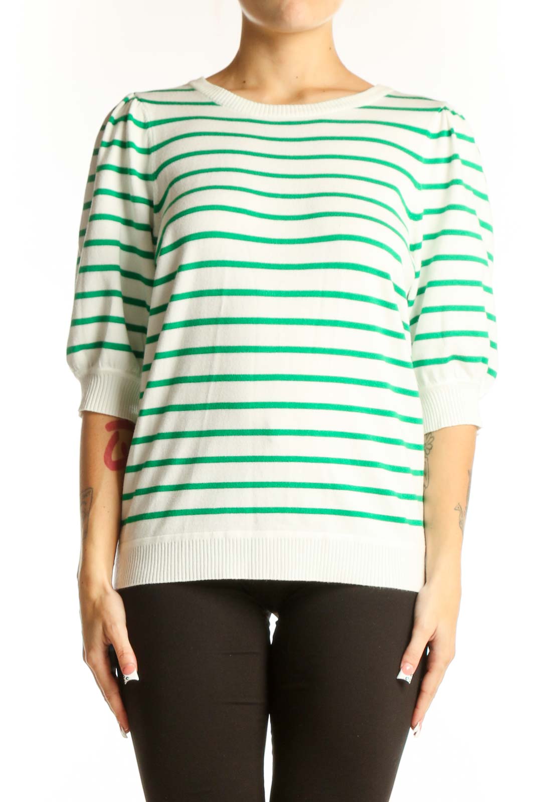 Front view of green and white striped short-sleeve knit top by Marled