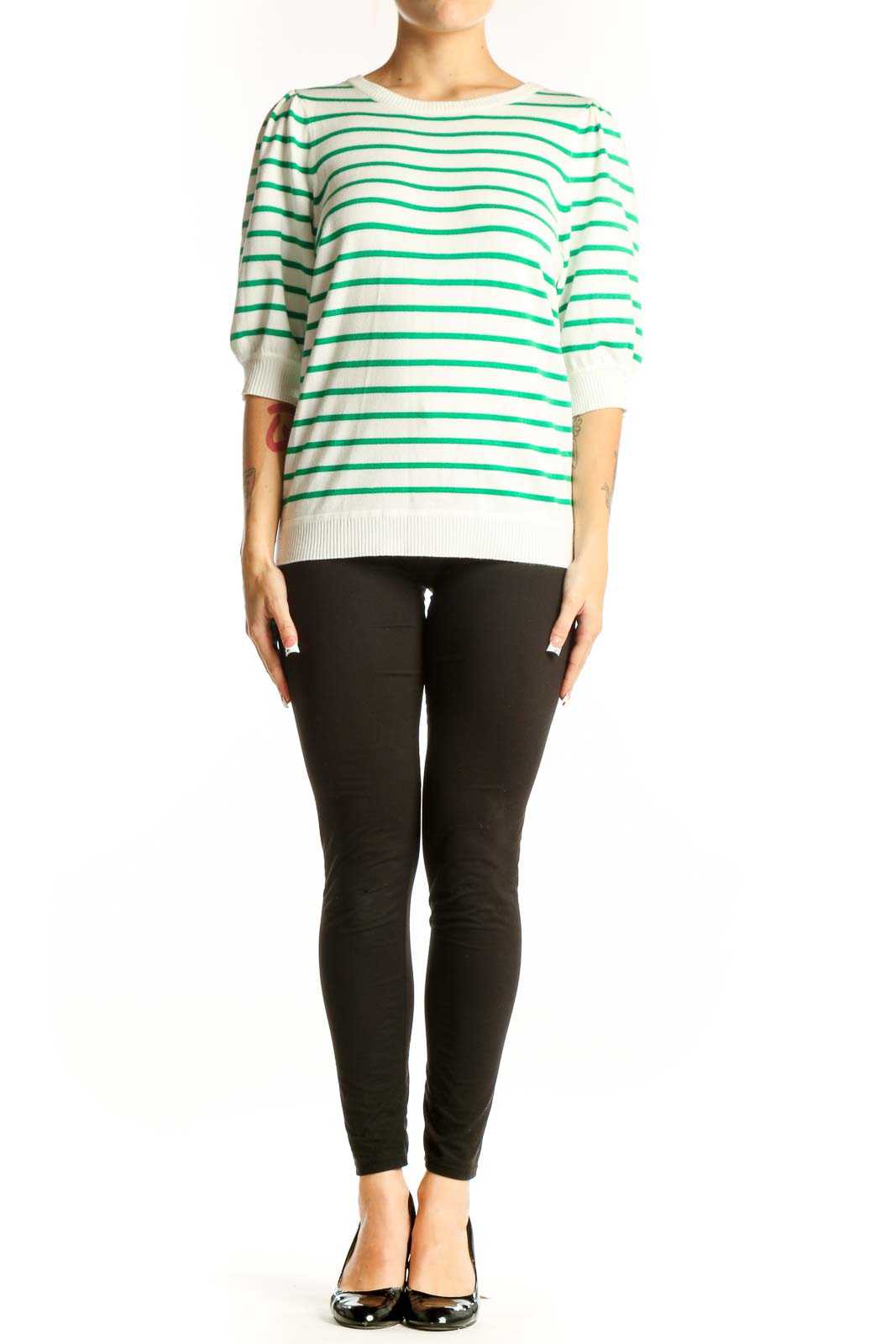 Front view of green and white striped short-sleeve knit top by Marled