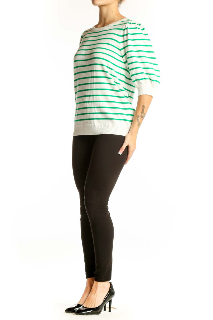Front view of green and white striped short-sleeve knit top by Marled