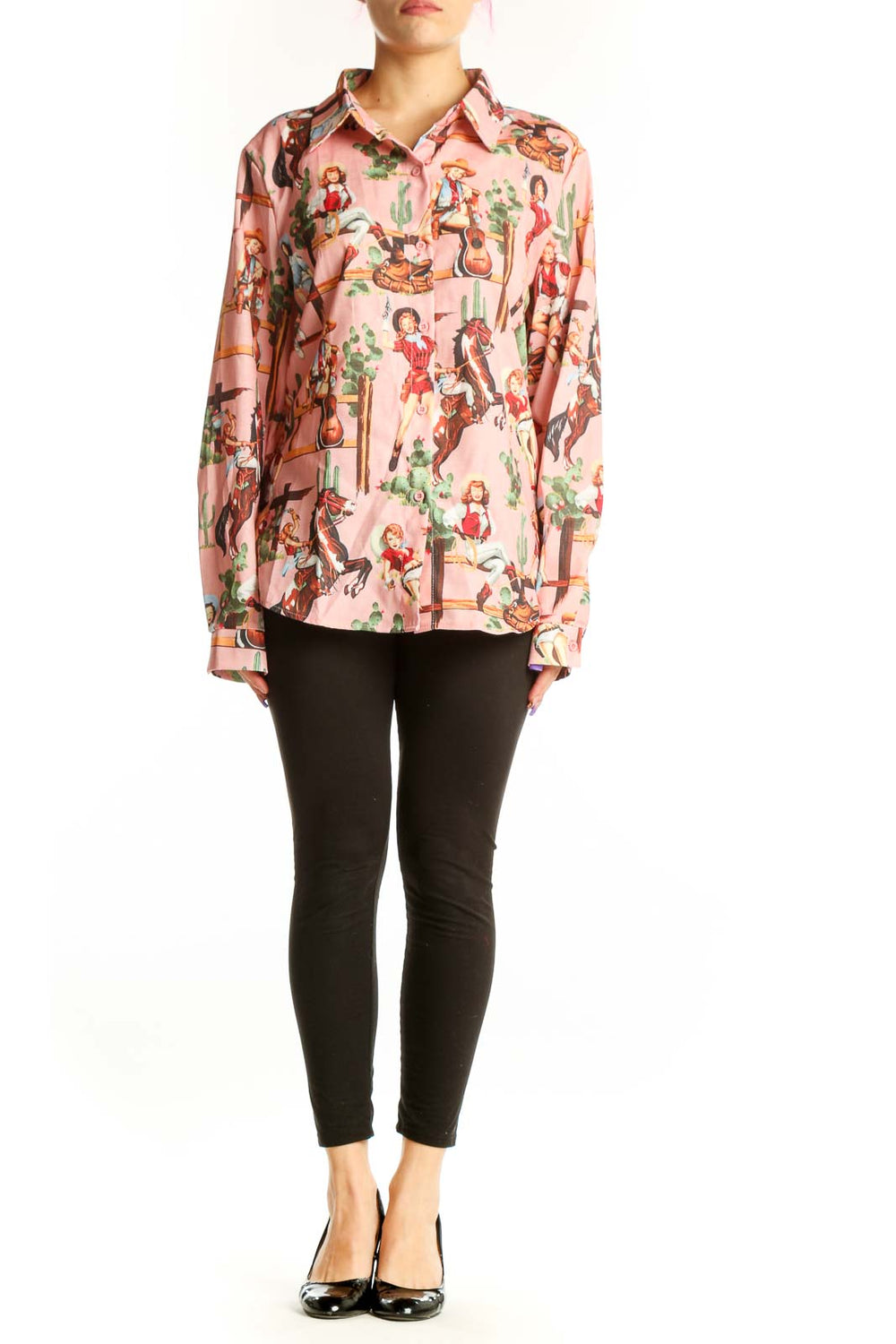 SilkRoll pink western cowgirl print button-up shirt front view featuring retro cowgirl and cactus graphics