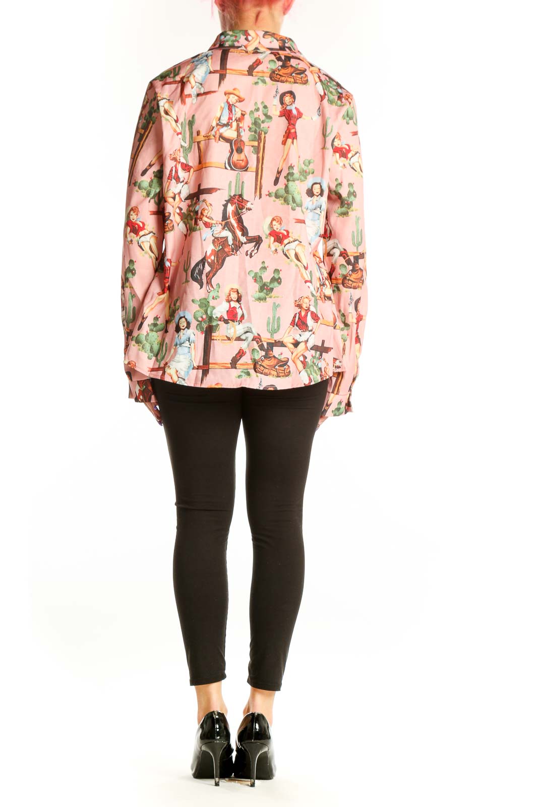 SilkRoll pink western cowgirl print button-up shirt back view showing full print design and relaxed fit