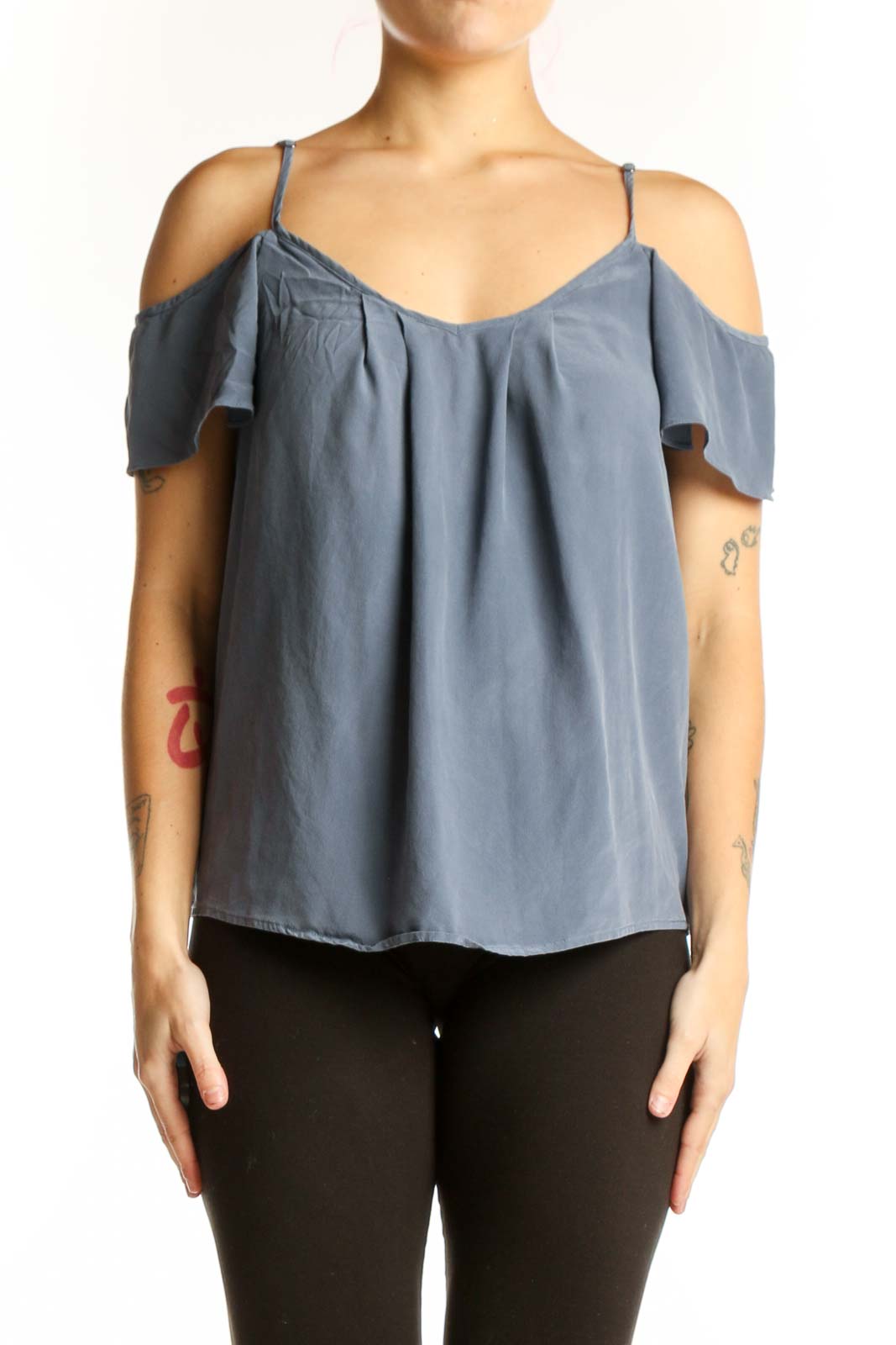 Blue silk cold shoulder camisole top with ruffled sleeves and V-neckline, front view