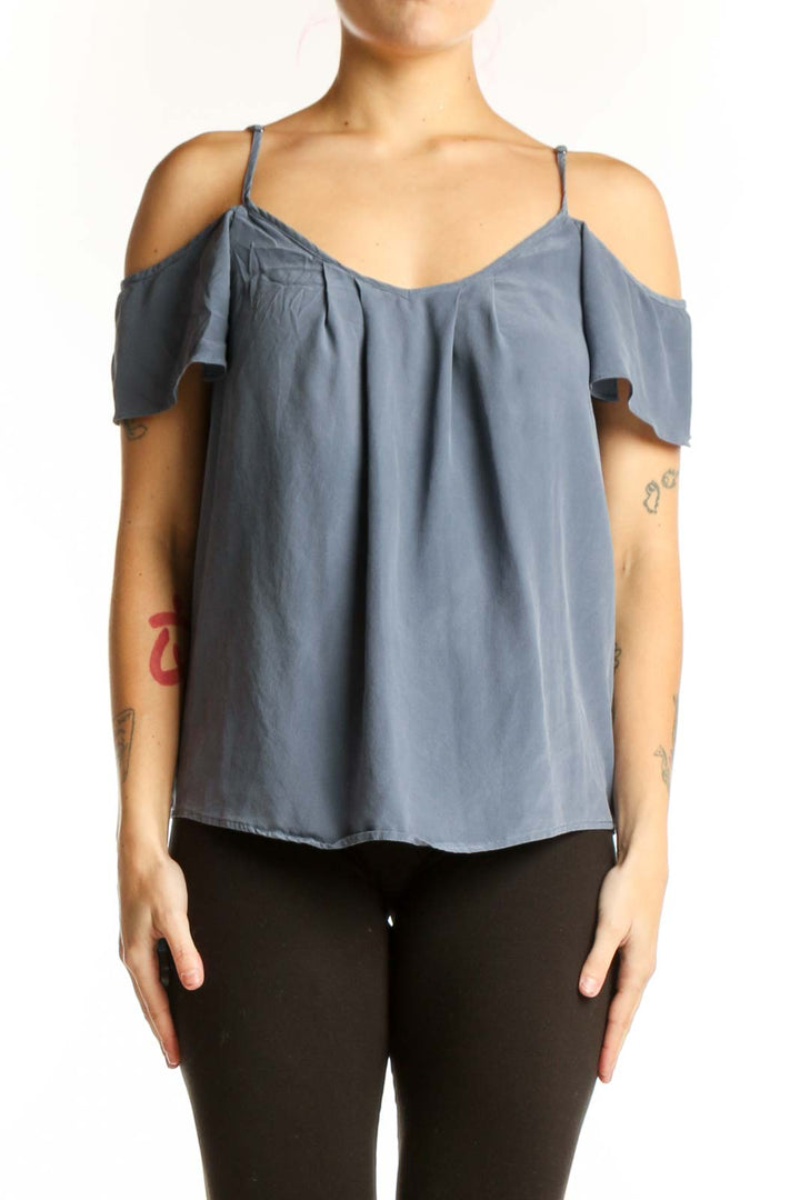 Blue silk cold shoulder camisole top with ruffled sleeves and V-neckline, front view