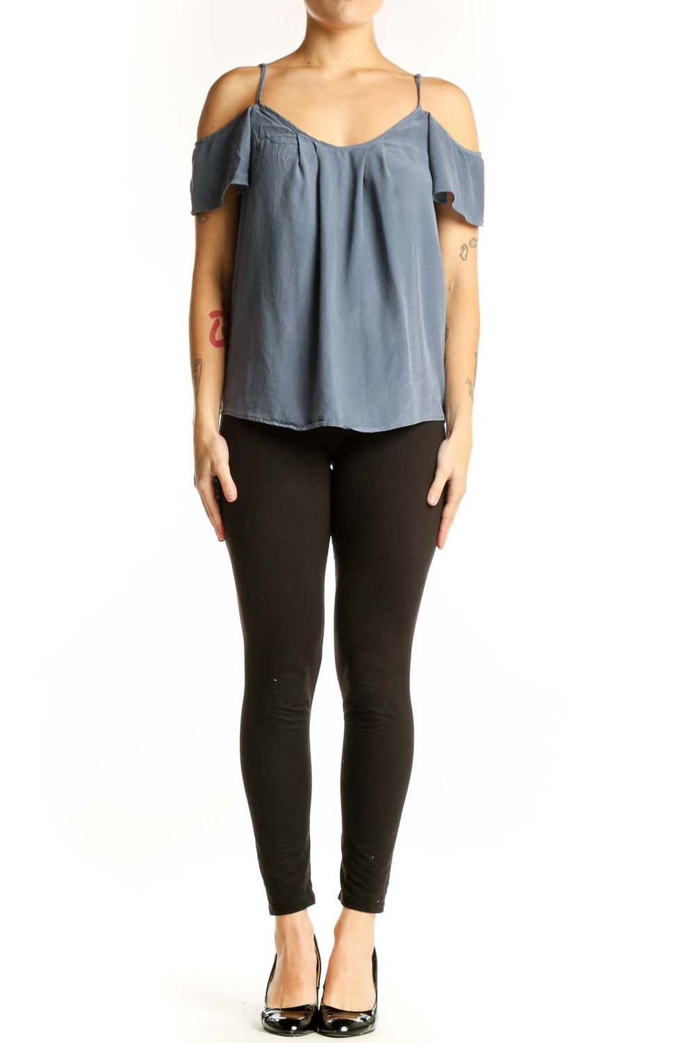 Blue silk cold shoulder camisole top with ruffled sleeves and V-neckline, front view