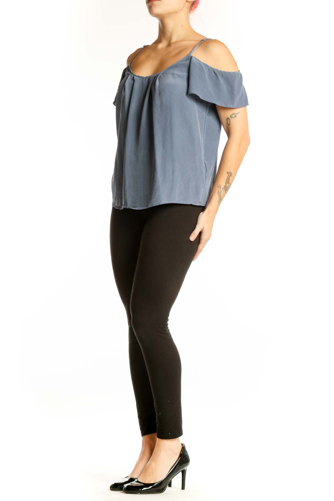 Blue silk cold shoulder camisole top with ruffled sleeves and V-neckline, front view
