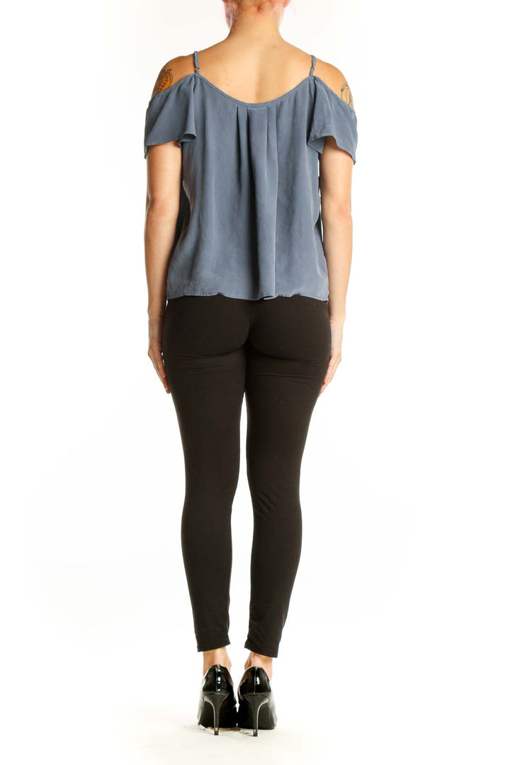 Blue silk cold shoulder camisole top with ruffled sleeves, back view