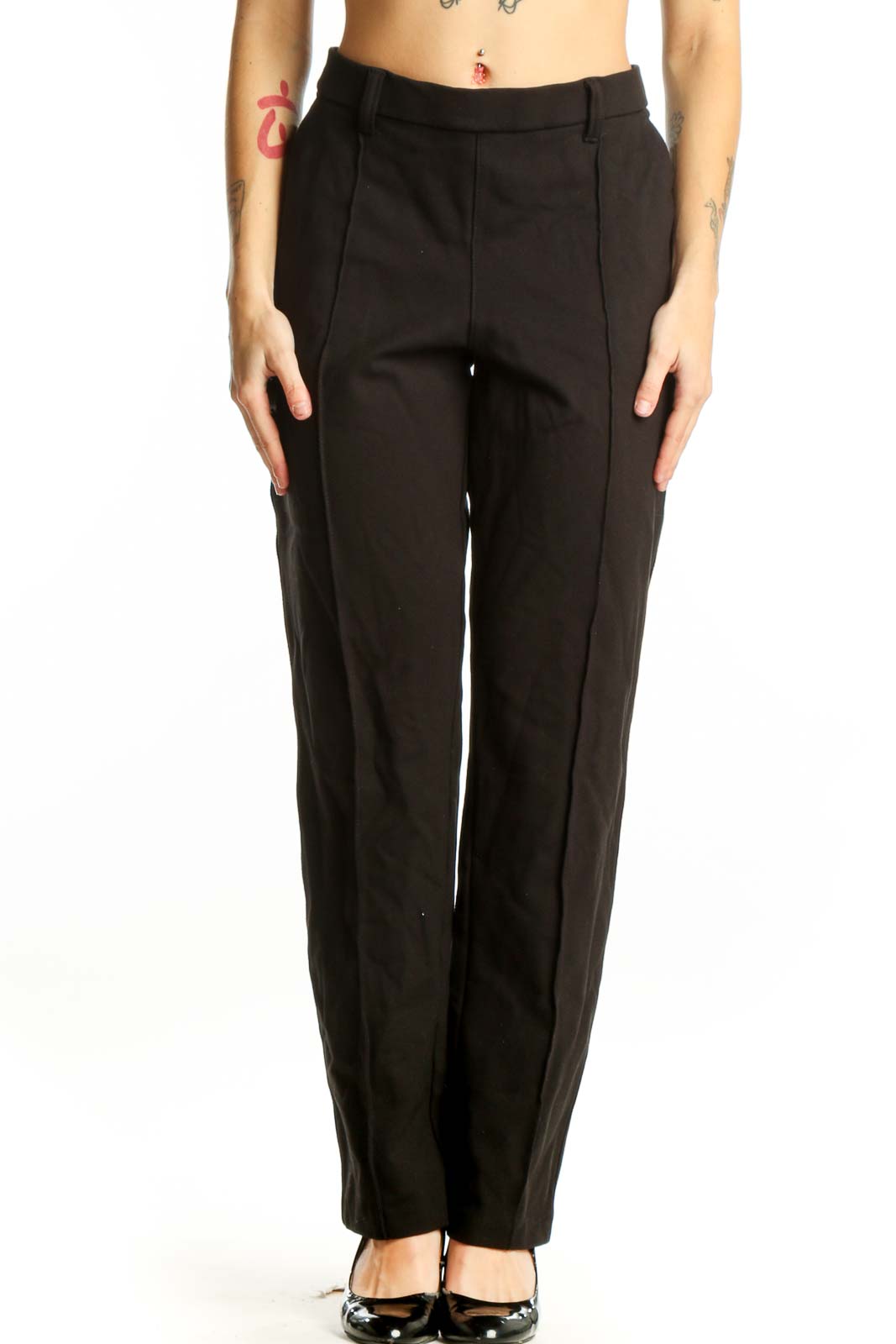Black Lee dress pants front view, flat-front design with straight-leg silhouette on model