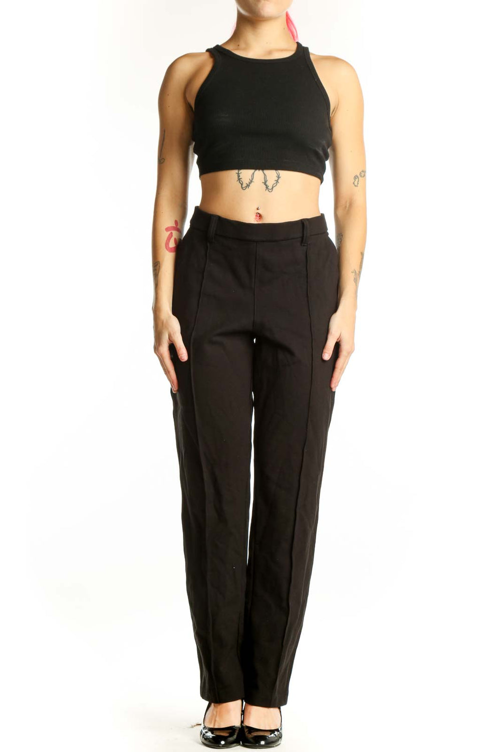 Black Lee dress pants front view, flat-front design with straight-leg silhouette on model