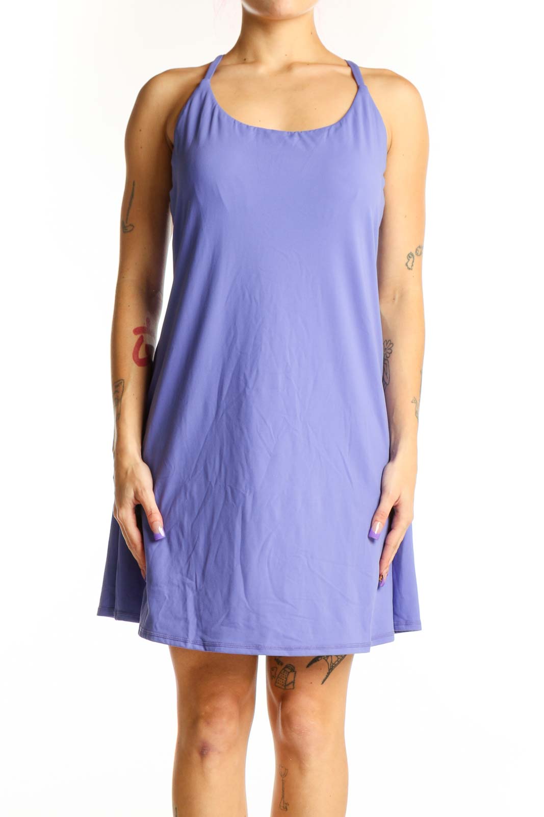 Purple sleeveless A-line dress by Halara with halter neckline, front view on model