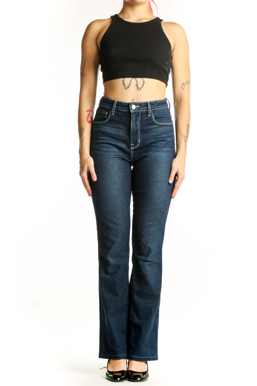 L'AGENCE dark blue high-waisted flare jeans front view, size S