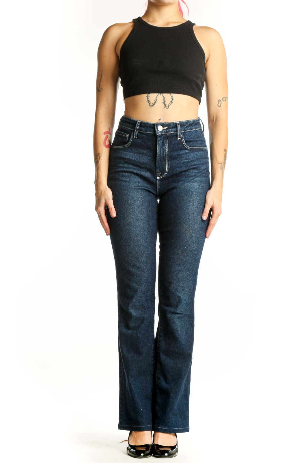 L'AGENCE dark blue high-waisted flare jeans front view, size S