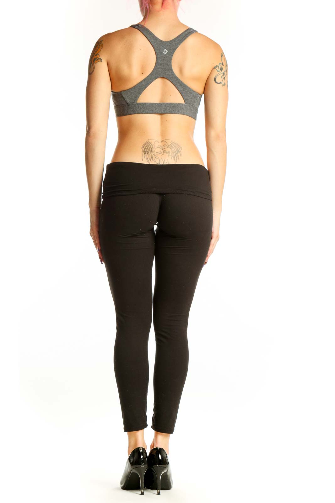 Back view of gray Athleta racerback sports bra showing supportive racerback design