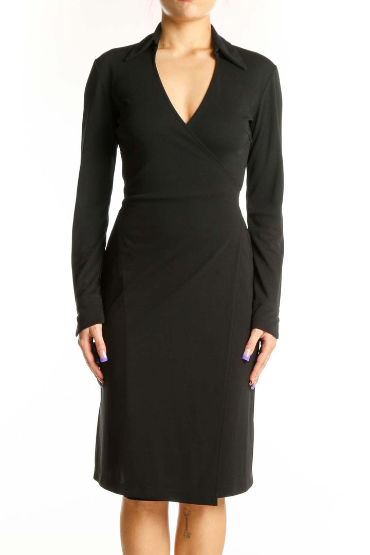 Black wrap long sleeve dress with V-neckline and fitted waist, front view
