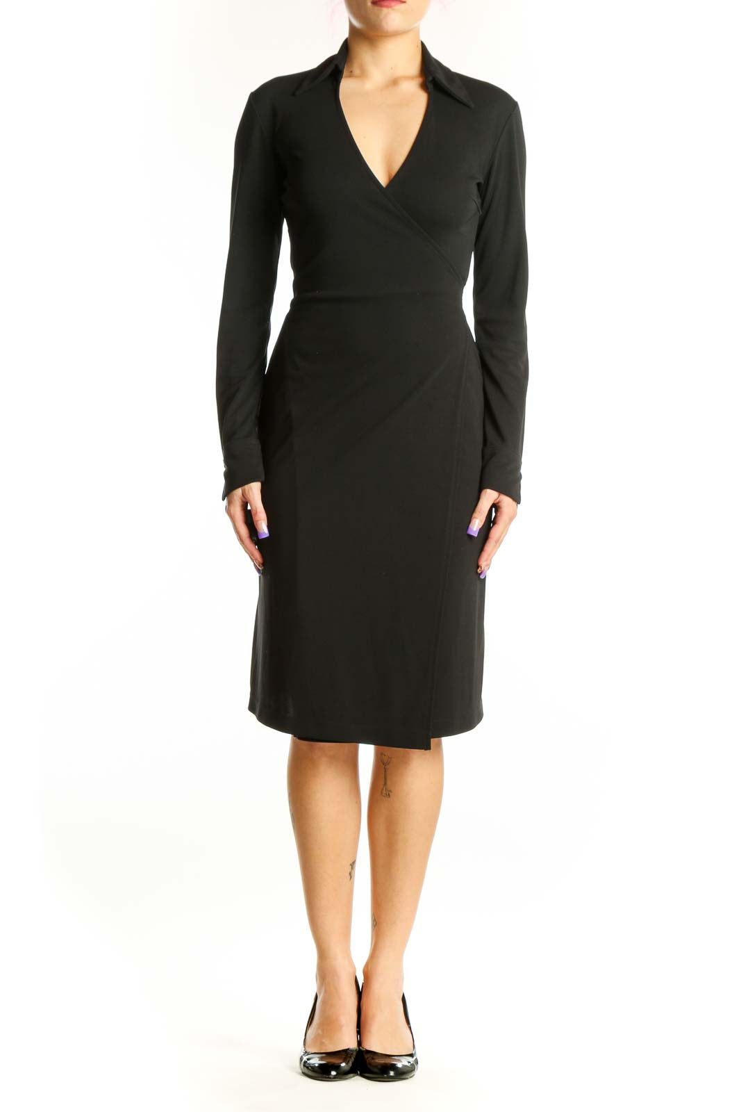 Black wrap long sleeve dress with V-neckline and fitted waist, front view