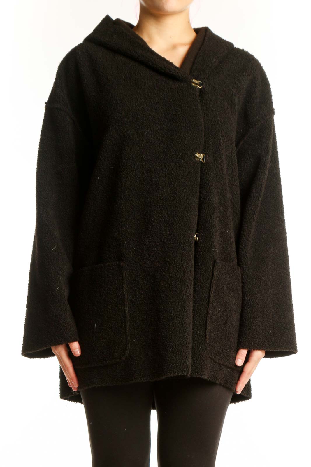 Black hooded polyester jacket with gold buttons and oversized fit, front view